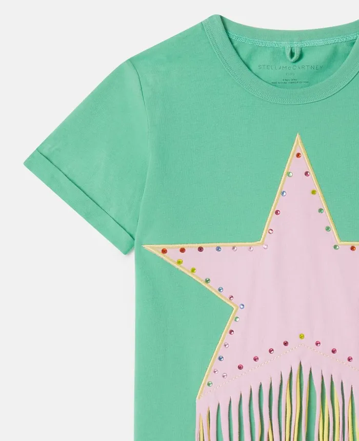 Kids TShirts And Tops Stella McCartney Fringed Star TShirt Green