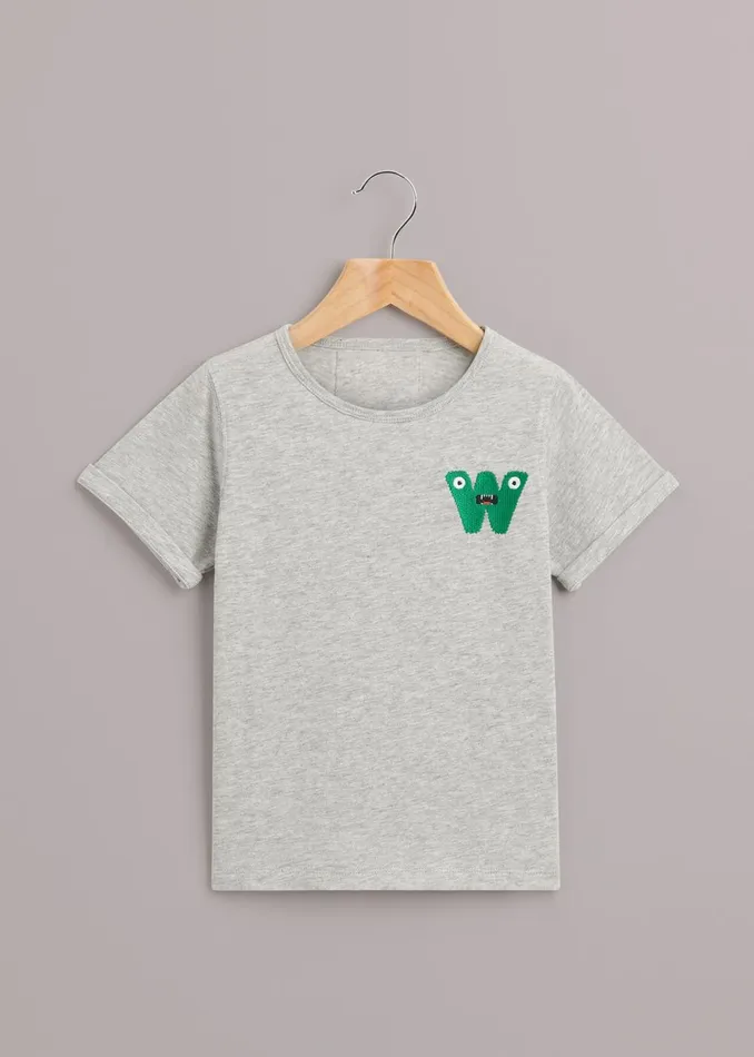 Kids TShirts Whistles Grey Marl Monster Embroidered T Shirt