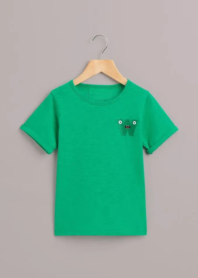 Kids Tops Whistles Green Monster Embroidered T Shirt