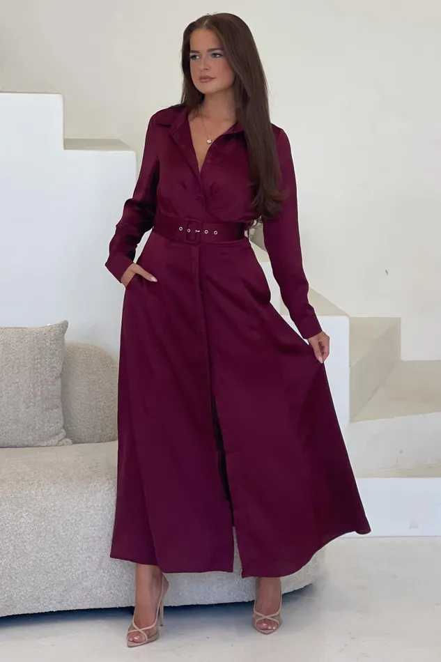 Kira Wrap Detail Mxi Shirt Dress Wine Women Girl In Mind Shirt Dresses