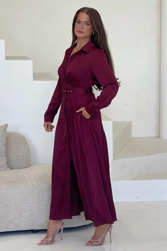 Kira Wrap Detail Mxi Shirt Dress Wine Women Girl In Mind Shirt Dresses