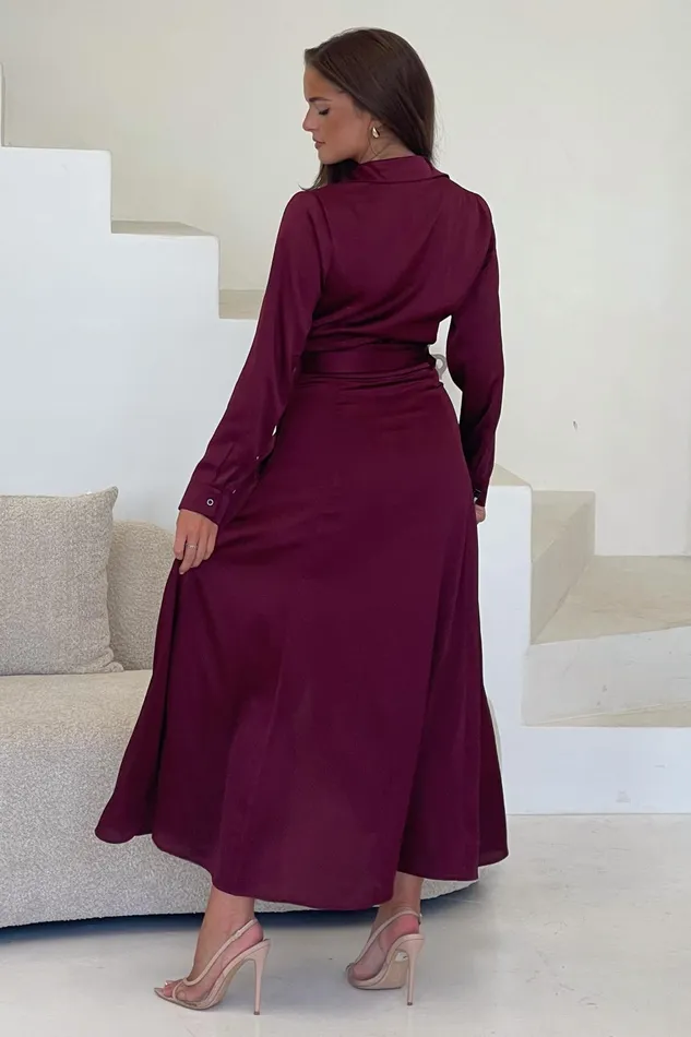 Kira Wrap Detail Mxi Shirt Dress Wine Women Girl In Mind Shirt Dresses