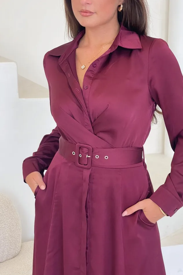 Kira Wrap Detail Mxi Shirt Dress Wine Women Girl In Mind Shirt Dresses