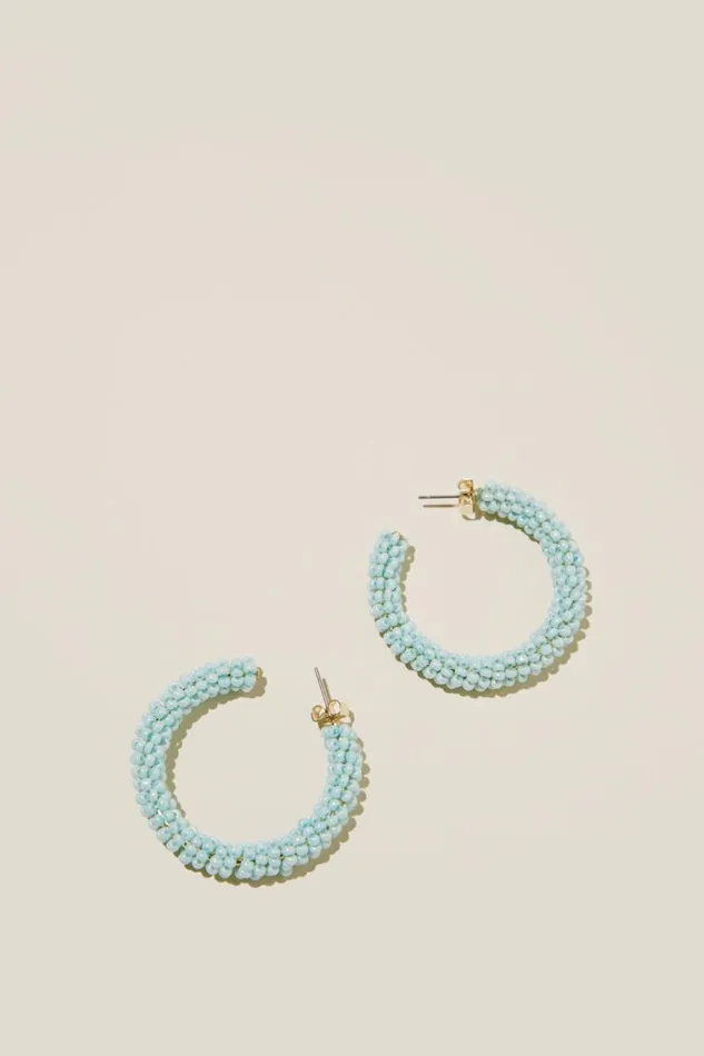 Large Hoop Earring Gold Plated Blue Beaded Women Cotton On Jewelry