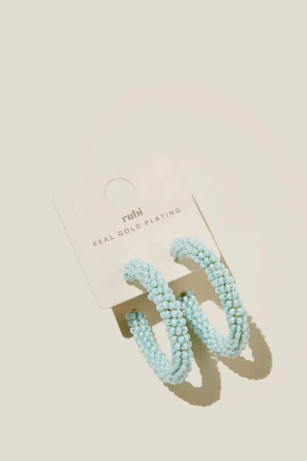 Large Hoop Earring Gold Plated Blue Beaded Women Cotton On Jewelry