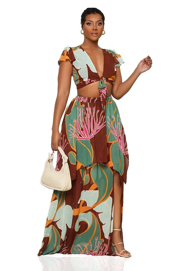 Lilly039s Kloset Sets Women Island Girl Crop Skirt Set Brown MultiFINAL SALE
