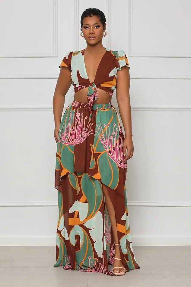 Lilly039s Kloset Sets Women Island Girl Crop Skirt Set Brown MultiFINAL SALE