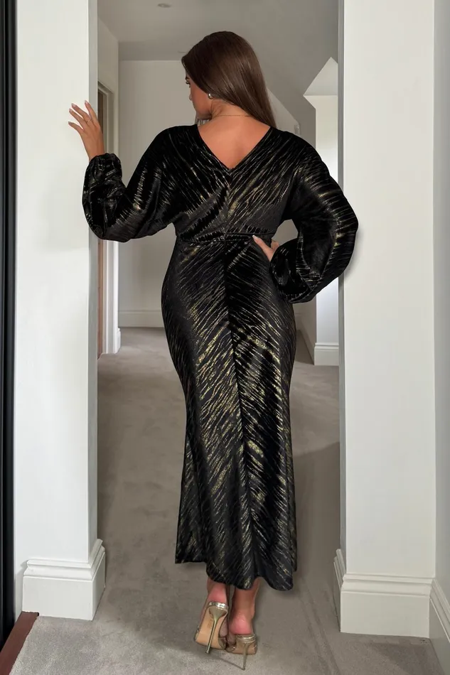 London V Neck Long Sleeve Maxi Dress In Black And Gold Velvet Women Girl In Mind Maxi Dresses