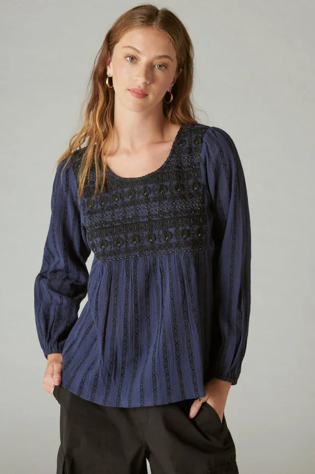 Lucky Brand Beaded Embroidered Peasant Top Navy Women All Tops