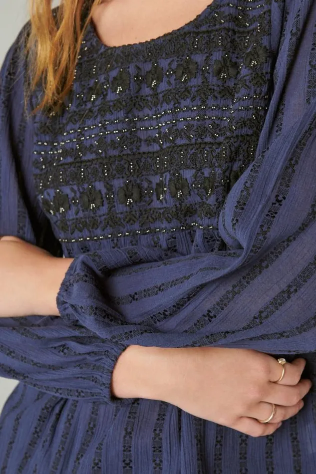 Lucky Brand Beaded Embroidered Peasant Top Navy Women All Tops