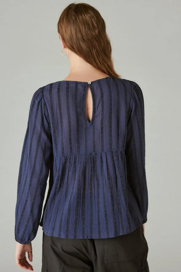 Lucky Brand Beaded Embroidered Peasant Top Navy Women All Tops