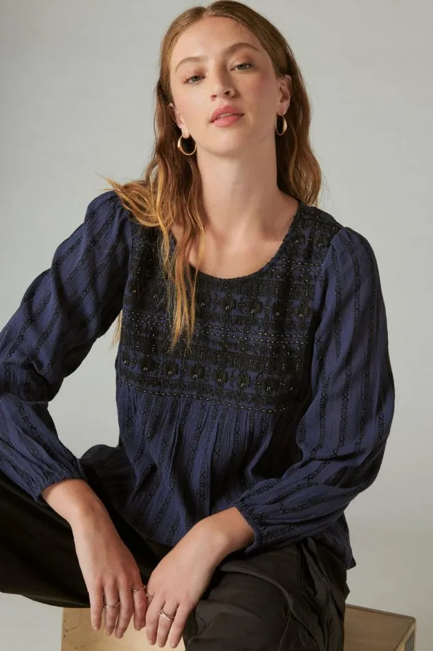 Lucky Brand Beaded Embroidered Peasant Top Navy Women All Tops