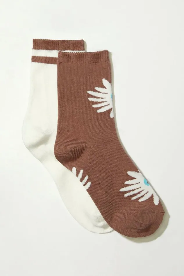 Lucky Brand Bloom Crew Sock 2 Pk Dark Brown Women Socks