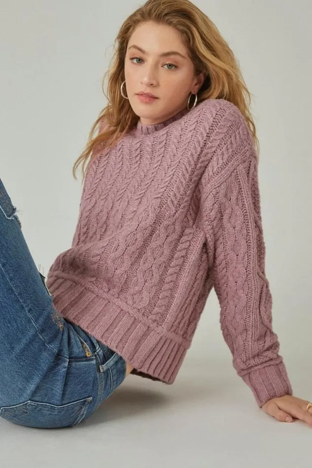Lucky Brand Cable Crew Sweater Nostalgia Rose Women Sweaters and Sweatshirts