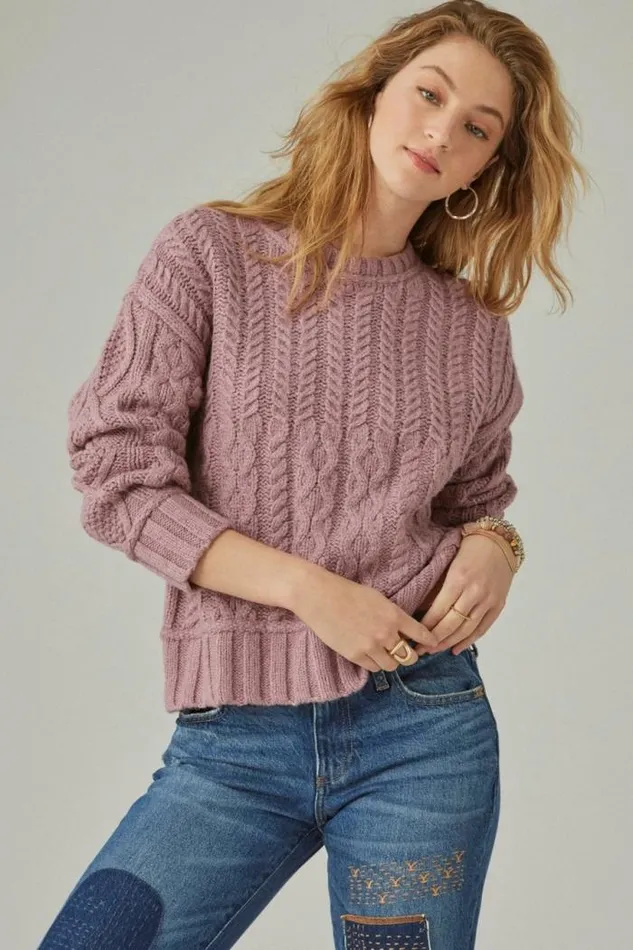 Lucky Brand Cable Crew Sweater Nostalgia Rose Women Sweaters and Sweatshirts