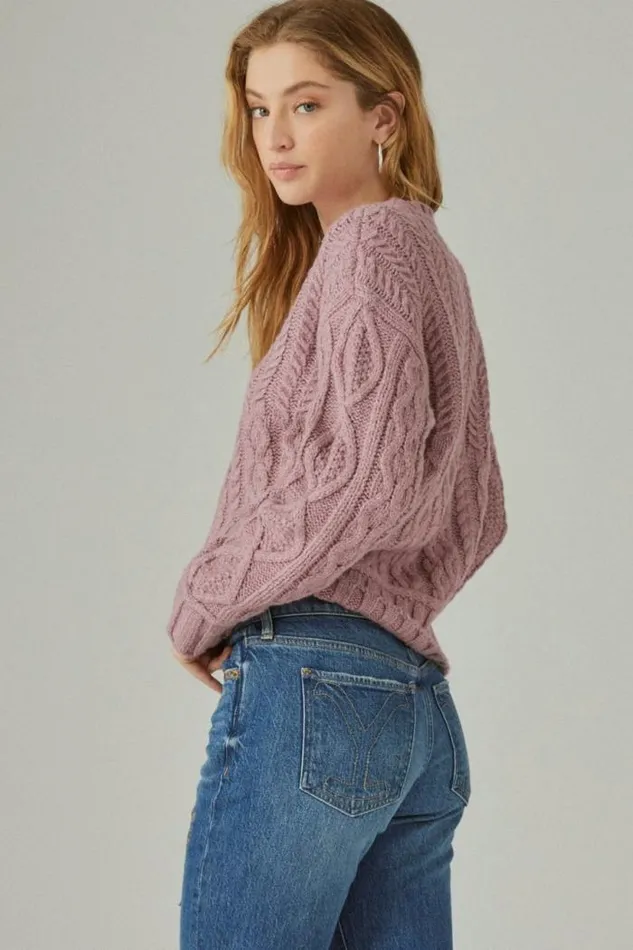 Lucky Brand Cable Crew Sweater Nostalgia Rose Women Sweaters and Sweatshirts