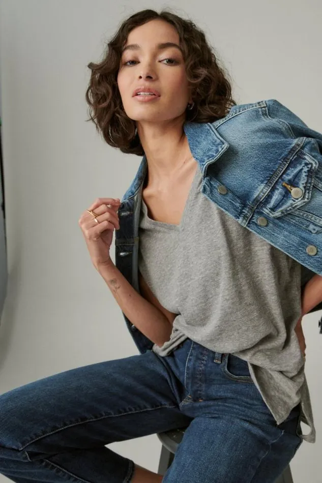 Lucky Brand Classic Vneck Light Heather Grey b03 Women Knit Tops