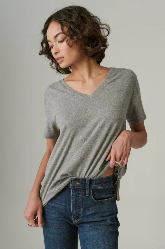 Lucky Brand Classic Vneck Light Heather Grey b03 Women Knit Tops