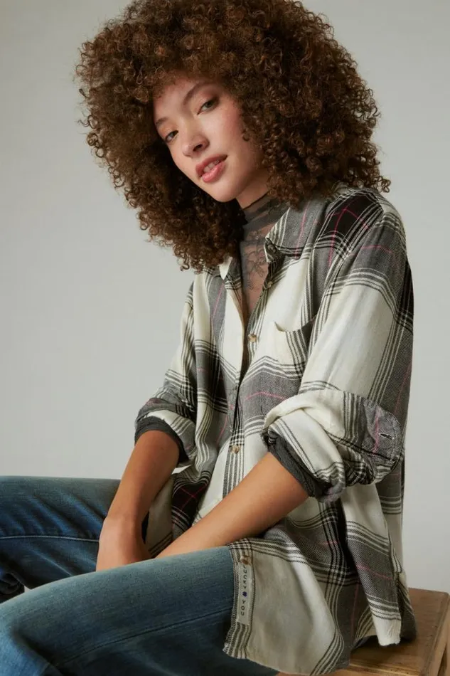 Lucky Brand Cloud Plaid Boyfriend Flannel Shirt Black Cream Plaid Women All Tops