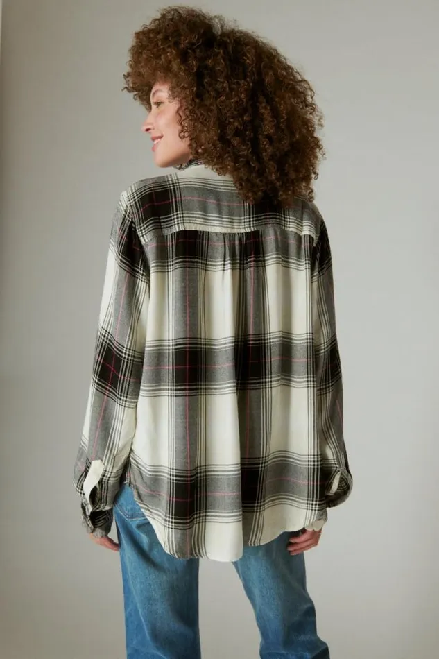 Lucky Brand Cloud Plaid Boyfriend Flannel Shirt Black Cream Plaid Women All Tops