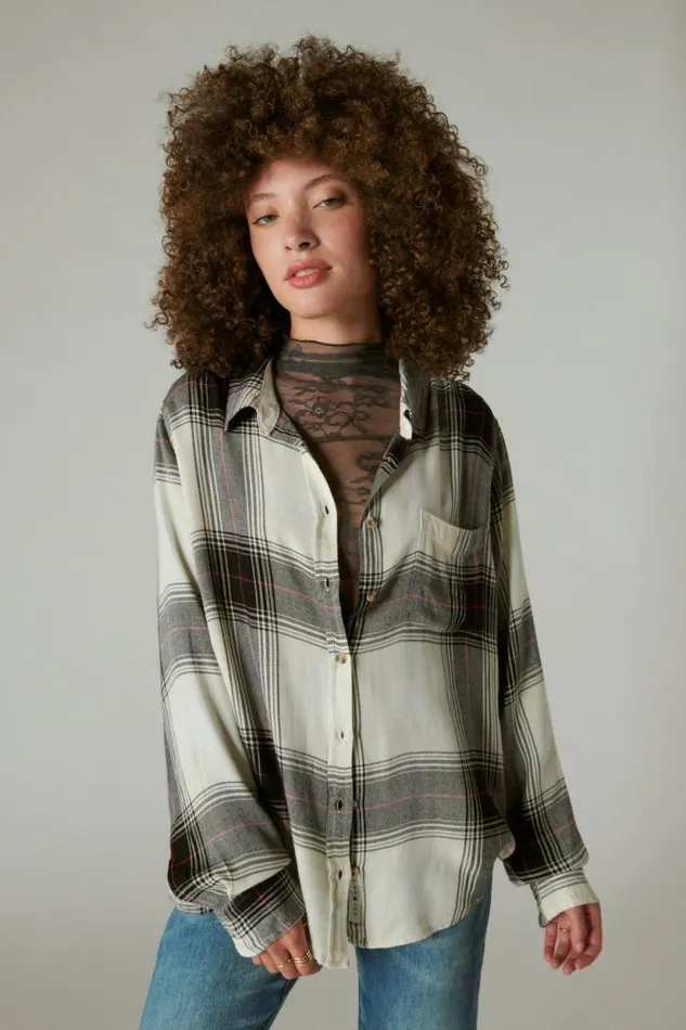 Lucky Brand Cloud Plaid Boyfriend Flannel Shirt Black Cream Plaid Women All Tops