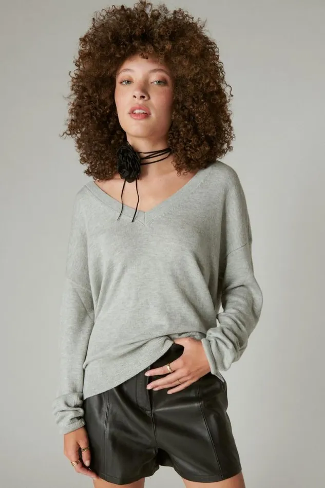 Lucky Brand Cloud Soft V Neck Sweater Light Heather Grey b03 Women Sweaters and Sweatshirts