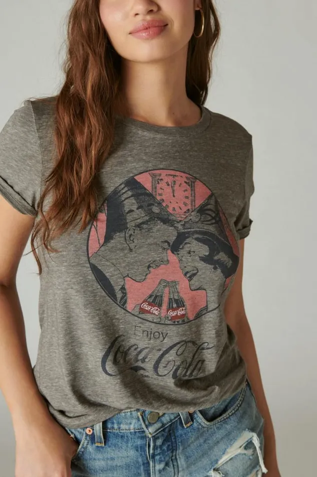 Lucky Brand Coke New Years Classic Crew Heather Grey Women Graphic Tees