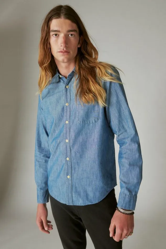 Lucky Brand Coolmax Chambray One Pocket Long Sleeve Shirt Chambray Blue Men ButtonDowns Lucky Brand Coolmax Chambray One Pocket Long Sleeve Shirt Chambray Blue Men ButtonDowns
