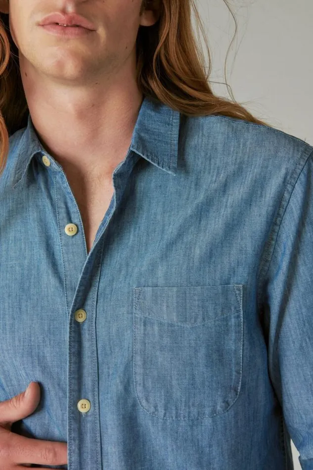 Lucky Brand Coolmax Chambray One Pocket Long Sleeve Shirt Chambray Blue Men ButtonDowns