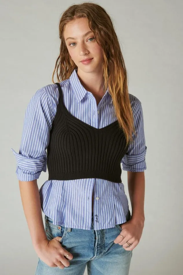 Lucky Brand Corset Shirt Persian Jewel Stripe Women Blouses