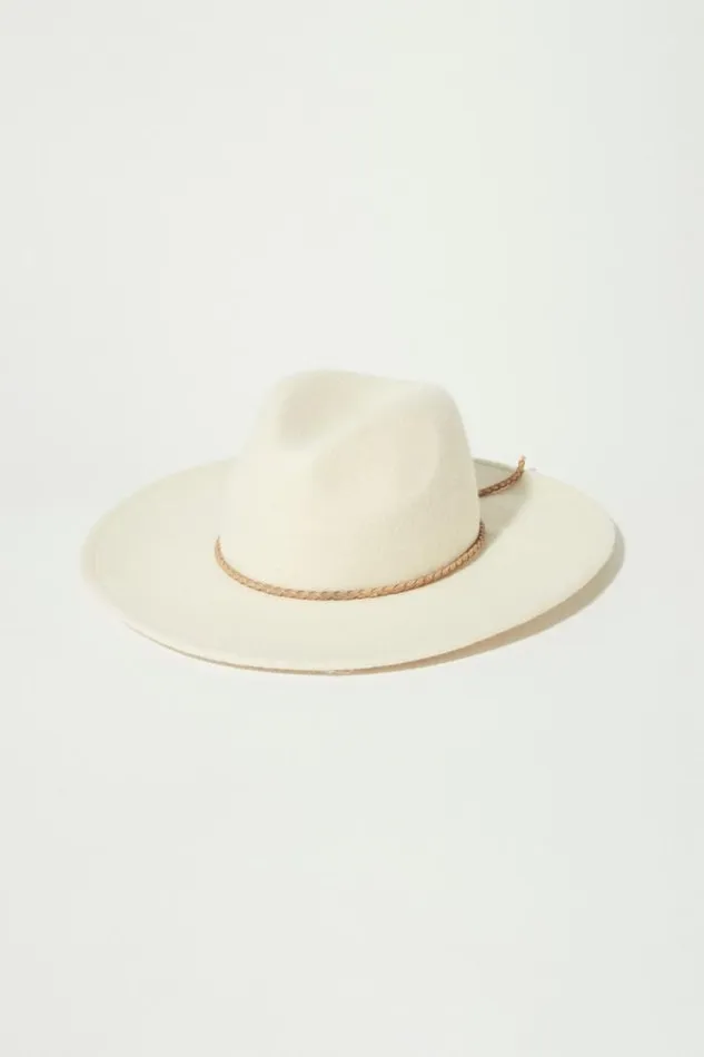 Lucky Brand Cream Leather Braided Ranger Natural Women Hats