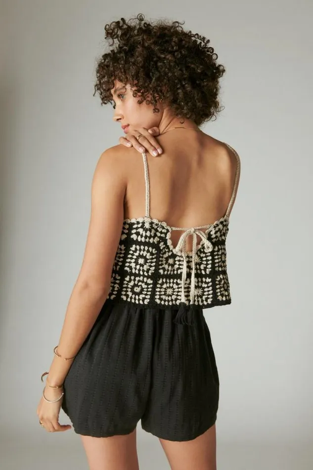 Lucky Brand Crochet Romper Black Granny Square Women Jumpsuits and Overalls