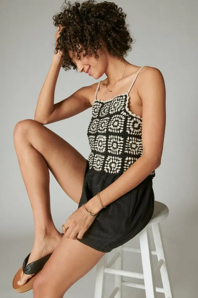 Lucky Brand Crochet Romper Black Granny Square Women Jumpsuits and Overalls