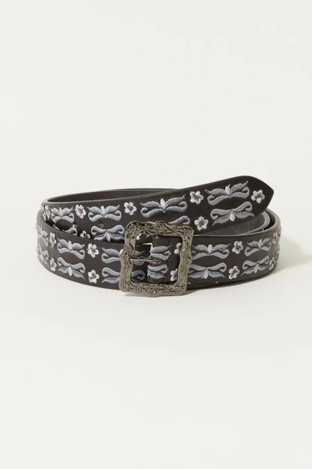 Lucky Brand Daisy And Ribbon Embroidered Belt Black Women Belts