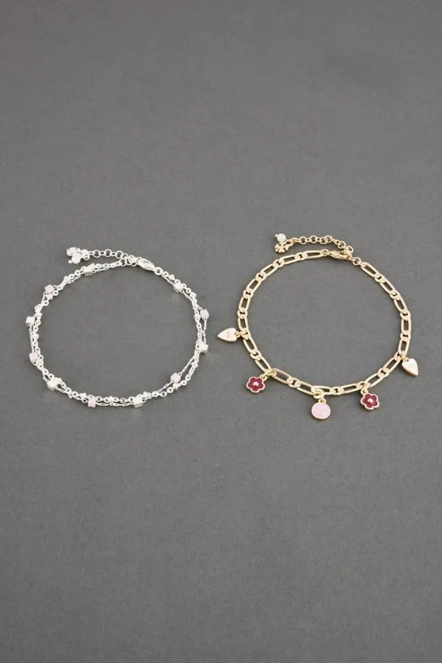 Lucky Brand Enamel Charm Anklet Set Two Tone Women Jewelry