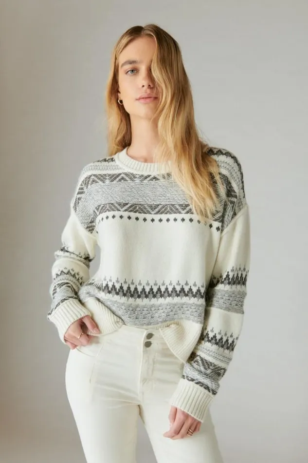 Lucky Brand Fairisle Crew Sweater Whisper White Multi Women Sweaters and Sweatshirts