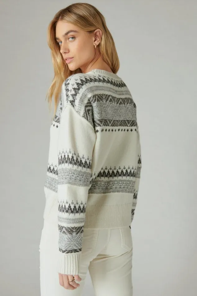 Lucky Brand Fairisle Crew Sweater Whisper White Multi Women Sweaters and Sweatshirts