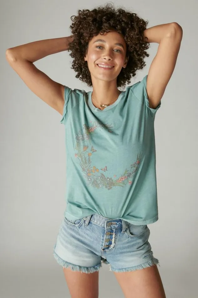Lucky Brand Flower Moon Classic Crew Trellis Women Graphic Tees