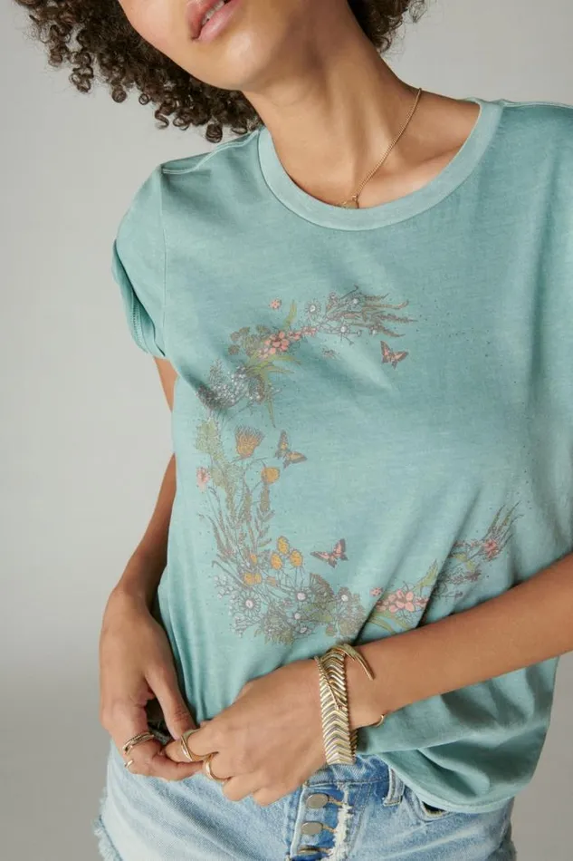 Lucky Brand Flower Moon Classic Crew Trellis Women Graphic Tees