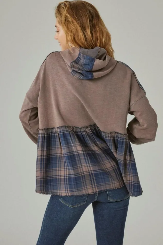 Lucky Brand French Terry Plaid Zip Up Hoodie Peppercorn Women Activewear