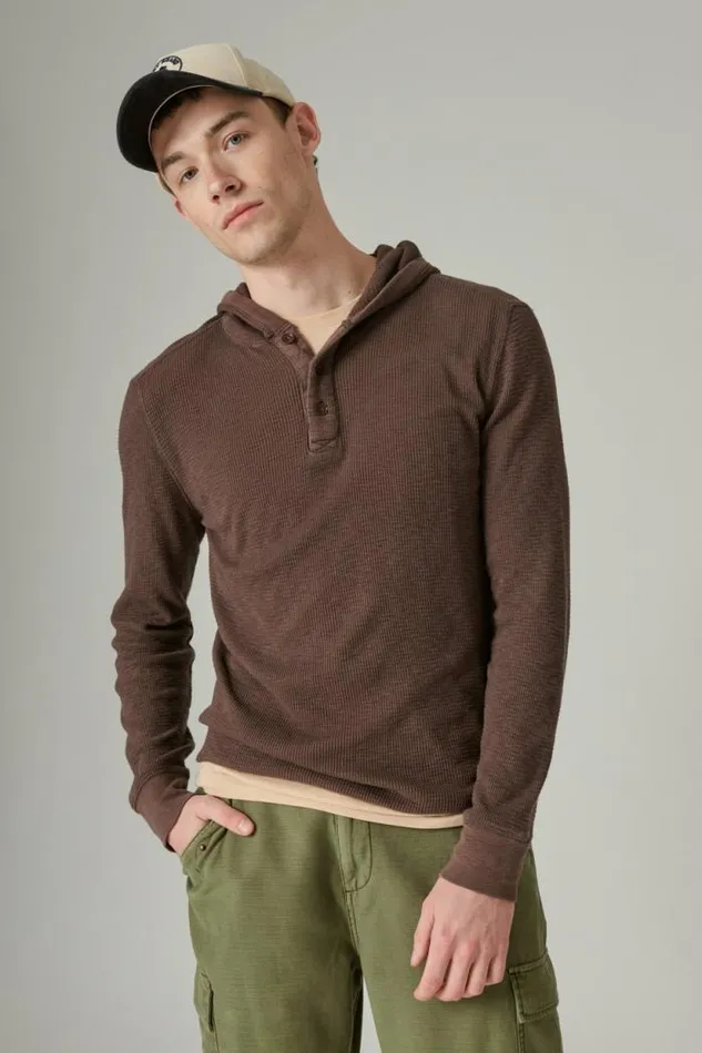 Lucky Brand Garment Dye Thermal Hoodley Seal Brown Men Shirts and Tops