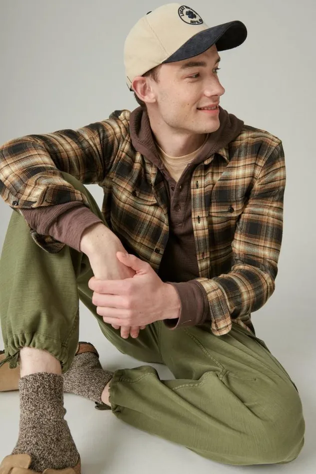 Lucky Brand Garment Dye Thermal Hoodley Seal Brown Men Shirts and Tops