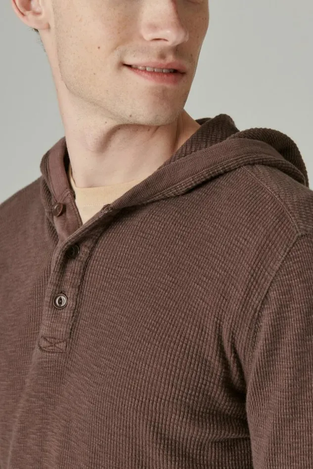 Lucky Brand Garment Dye Thermal Hoodley Seal Brown Men Shirts and Tops