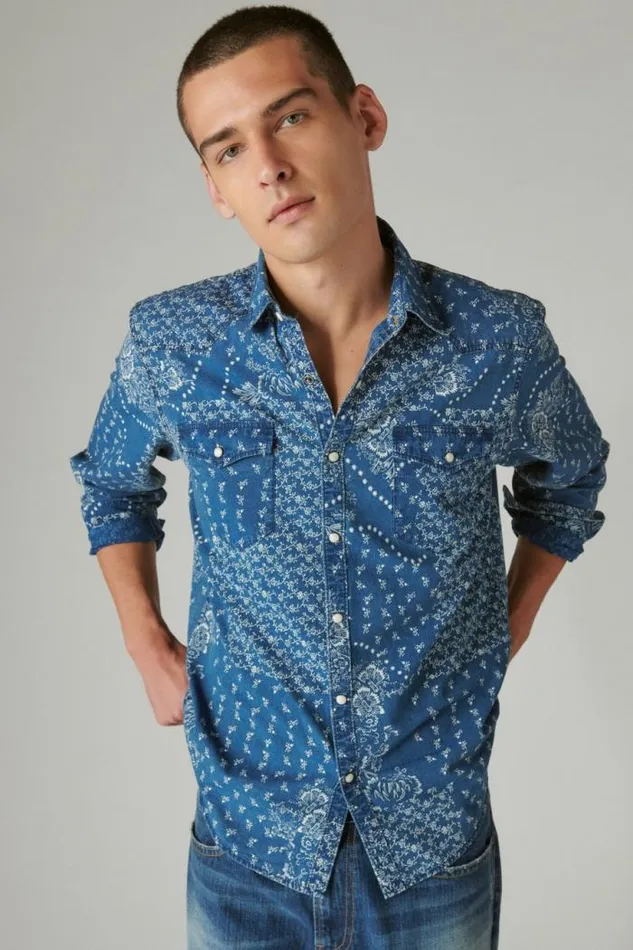 Lucky Brand Indigo Printed Western Long Sleeve Shirt Indigo Bandana Men ButtonDowns Lucky Brand Indigo Printed Western Long Sleeve Shirt Indigo Bandana Men ButtonDowns