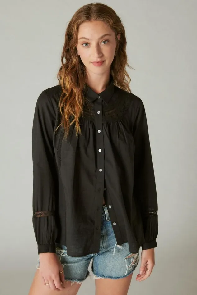 Lucky Brand Lace Trim Button Down Shirt Meteorite Women All Tops
