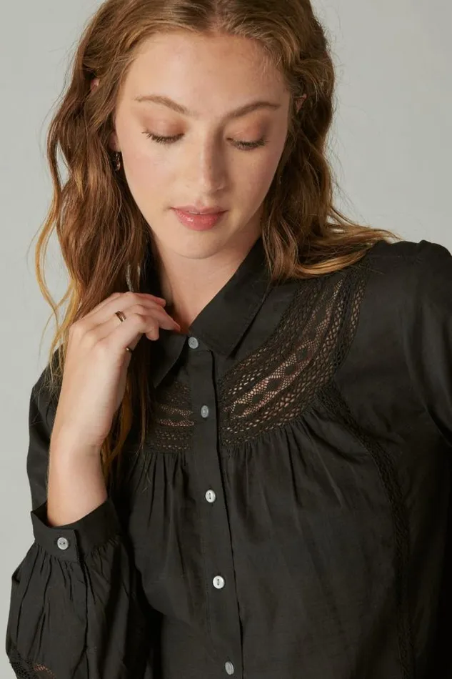Lucky Brand Lace Trim Button Down Shirt Meteorite Women All Tops