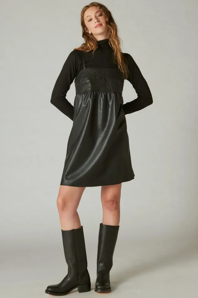 Lucky Brand Leather Embroidered Mini Dress Caviar Women Dresses