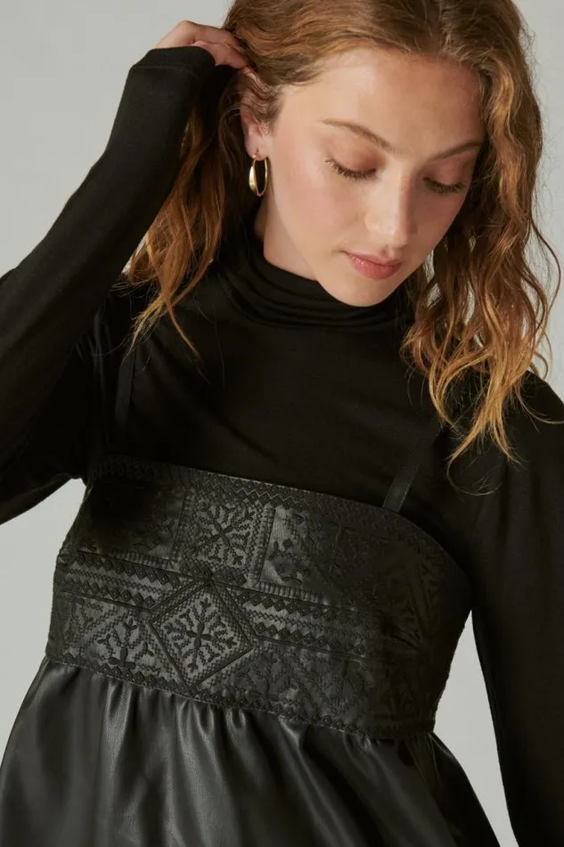 Lucky Brand Leather Embroidered Mini Dress Caviar Women Dresses
