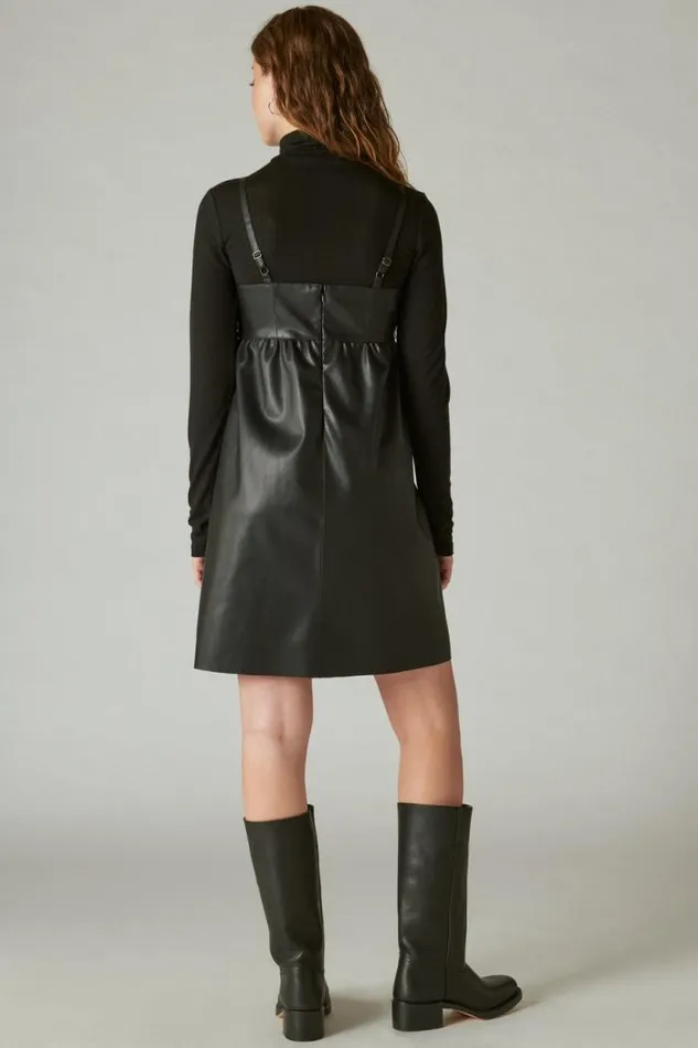 Lucky Brand Leather Embroidered Mini Dress Caviar Women Dresses