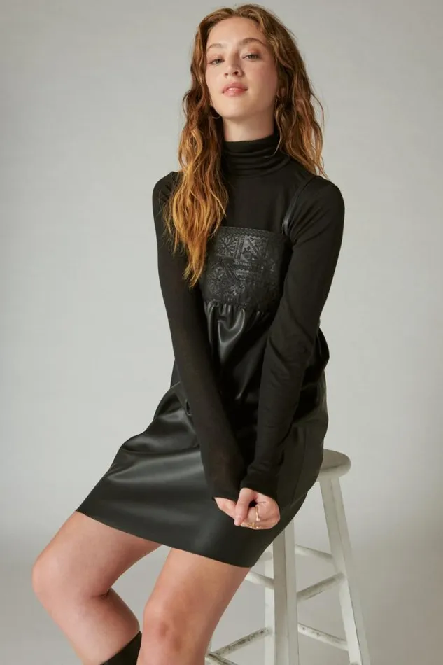 Lucky Brand Leather Embroidered Mini Dress Caviar Women Dresses